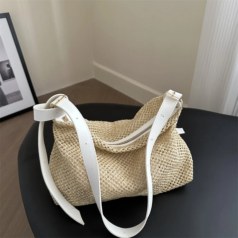 Bolso Tote Vintage para Mujer Tejido a Mano de Paja Gran Capacidad Bolso de Hombro Con Correa de Cuero Sintético Cremallera
