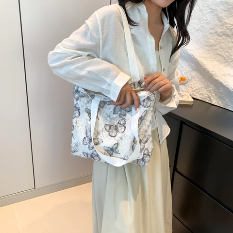 Bolso Tote de Lona con Patrón de Mariposa para Mujer Gran Capacidad Bordado de Textura 3D Bolso de Hombro para el Viaje Diario
