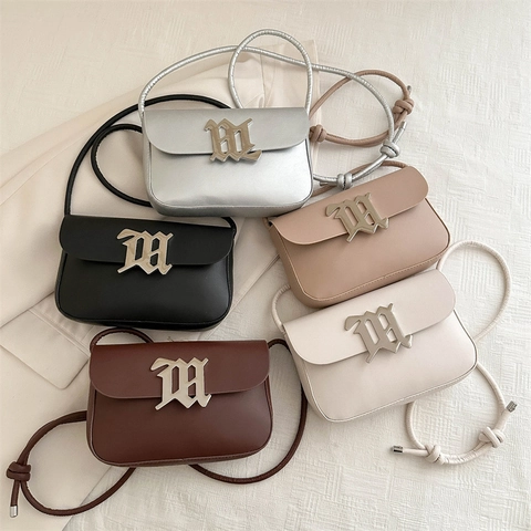 Women PU Leather Shoulder Bag Gothic Letter Decor Knotted Strap Retro Flap Crossbody Bag Minimalist Niche Design
