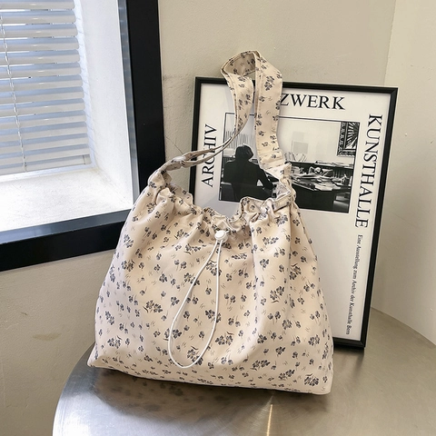 Bolso de Hombro de Lona con Flores Frescas y Cordón Bolso Bandolera de Gran Capacidad para Mujer Verano Casual