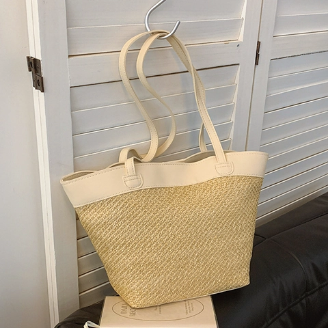 Straw Woven Tote Bag Women PU Leather Splicing Large Capacity Summer Beach Vacation Shoulder Handbag Daily Casual