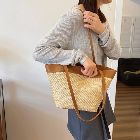 Straw Woven Tote Bag Women PU Leather Splicing Large Capacity Summer Beach Vacation Shoulder Handbag Daily Casual