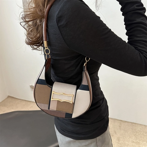 Women Color Block Hobo Shoulder Bag PU Leather Geometric Plaid Underarm Bag Gold Metal Buckle Retro Fashion Daily Handbag