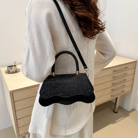 Glitzer Pailletten Umhängetasche Damen Glänzende Wellenkante PU Leder Handtasche Elegant Abendtasche
