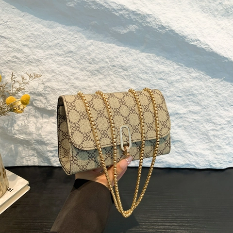 Women Vintage Monogram Printed PU Leather Small Square Bag Fashion Gold Chain Shoulder Bag Crossbody Bag Daily Versatile Satchel