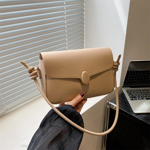 Women's Minimalist PU Leather Shoulder Bag Korean Style Underarm Bag Small Square Bag With Knot Strap Oval Buckle