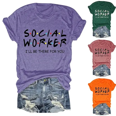 Dames Casual Katoenmix T-Shirt Social Worker Letterprint Ronde Hals Korte Mouwen Zomer Losse Top