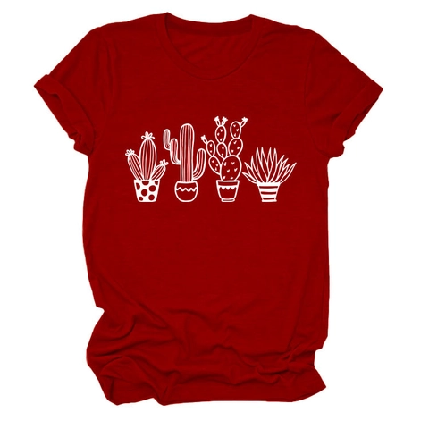 Dames Casual Katoenmix T-shirt Cactus Print Ronde Hals Korte Mouw Comfortabele Losse Top