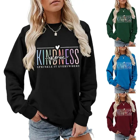 Felpa da Donna Casual in Misto Cotone Girocollo a Manica Lunga Kindness Is Free Stampa a Lettere Pullover Top alla Moda Ampio