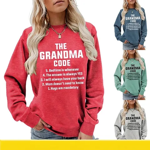 Sweat-shirt à Col Rond et Manches Longues pour Femmes Mélange de Coton Imprimé Slogan Amusant The Grandma Code Pull Décontracté