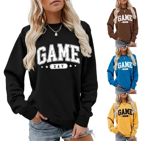 Sweat-shirt Femme Col Rond Manches Longues Game Day Imprimé Étoile Distressed American Retro Casual Mélange Coton Pullover