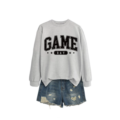 Sweat-shirt Femme Col Rond Manches Longues Game Day Imprimé Étoile Distressed American Retro Casual Mélange Coton Pullover
