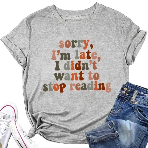 T-shirt Donna Maniche Corte Girocollo Misto Cotone Stampa Slogan Casual Tipografia Tema Lettura Top Estivo