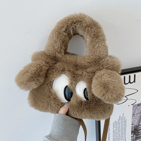 Cute Cartoon Big Eyes Plush Small Square Bag Faux Fur Handbag With Detachable Shoulder Strap For Women Daily Casual Wear