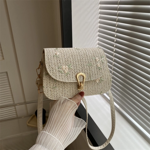 Women Straw Woven Crossbody Bag Retro Floral Embroidery Small Square Shoulder Bag Summer Vacation Style
