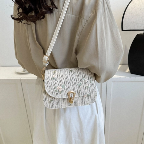Women Straw Woven Crossbody Bag Retro Floral Embroidery Small Square Shoulder Bag Summer Vacation Style
