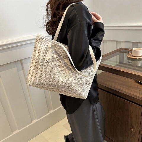 Borsa Tote in Paglia Intrecciata da Donna Grande Capacità Borsa a Tracolla Sottoascellare Estate Spiaggia Vacanza Versatile Semplice Pendolare