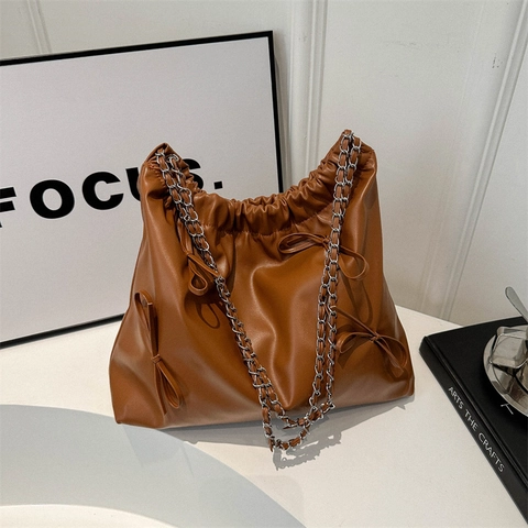 Bolso Bombonera de Cuero PU de Gran Capacidad para Mujer Moda Lazo Plisado Cordón Bolso de Hombro Con Correa de Cadena