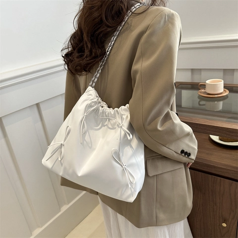 Pleated Bow Crossbody Bag Women Soft PU Leather Chain Strap Versatile Bucket Shoulder Handbag Trendy