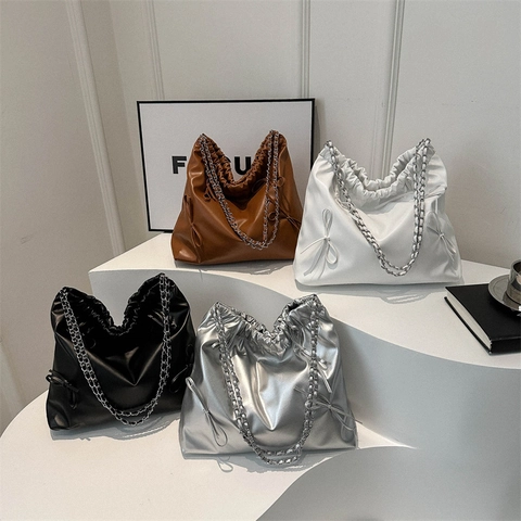 Bolso Bombonera de Cuero PU de Gran Capacidad para Mujer Moda Lazo Plisado Cordón Bolso de Hombro Con Correa de Cadena