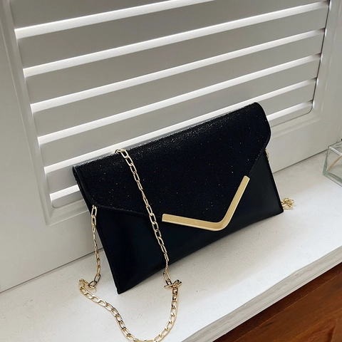 Women's Glitter Sequin Envelope Evening Bag With Gold V Metal Trim Chain Strap Crossbody Clutch Purse