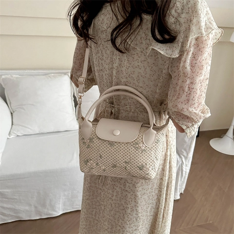 Borsa A Tracolla In Paglia Intrecciata Da Donna Ricamo Floreale Manico Superiore Estate Spiaggia Vacanza Stile Retrò