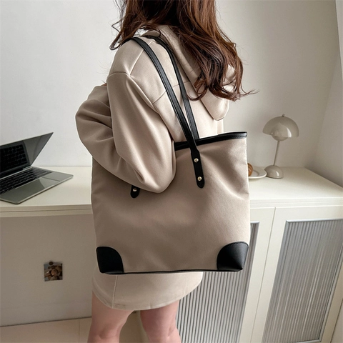 Women Large Capacity Canvas Tote Bag Contrast Leather Trim Minimalist Commuter Shoulder Handbag Korean Fashion Top Handle Purse