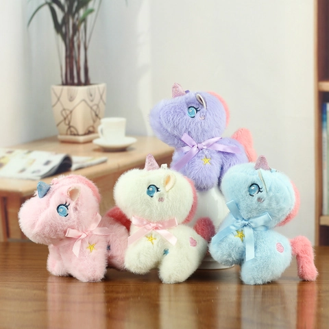 Cute Plush Unicorn Keychain Pendant With Sequin Horn Soft Fabric Doll Bag Charm With Bow Tie Star Embroidery Birthday Gift