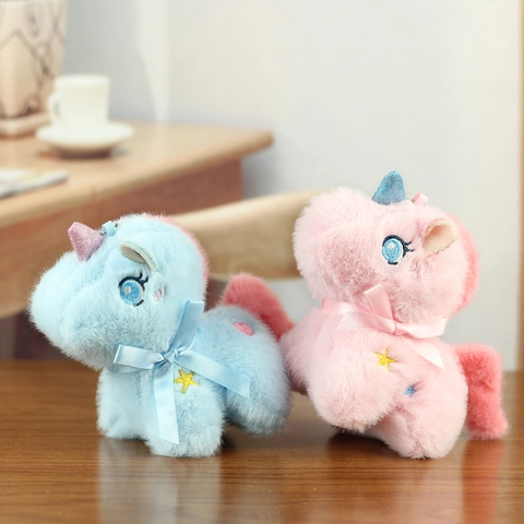 Cute Plush Unicorn Keychain Pendant With Sequin Horn Soft Fabric Doll Bag Charm With Bow Tie Star Embroidery Birthday Gift