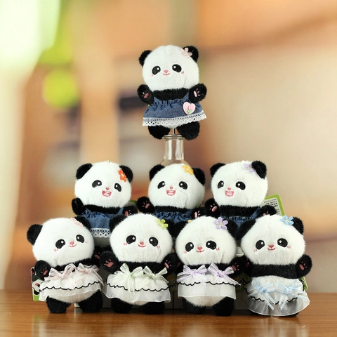 Cute Panda Plush Toy Pendant With Denim Lace Dress Bow Heart Decoration Soft Stuffed Panda Doll Keychain For Bag Accessories
