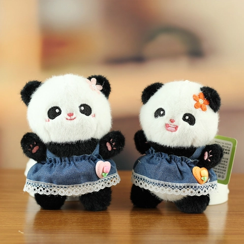 Cute Panda Plush Toy Pendant With Denim Lace Dress Bow Heart Decoration Soft Stuffed Panda Doll Keychain For Bag Accessories