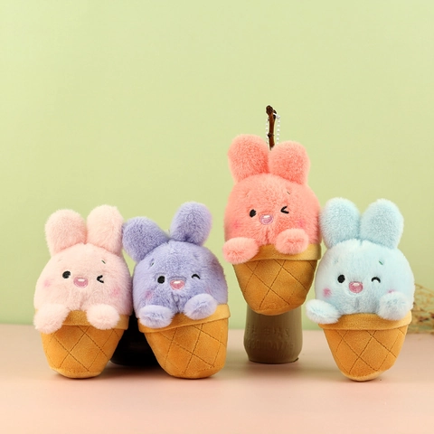 Portachiavi Creativo a Forma di Coniglio Gelato in Morbido Peluche e Cotone PP Ciondolo Pupazzo a Forma di Coniglietto Design a Cono Cialda Regalo