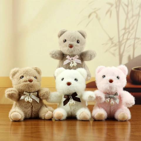 Cute Plush Teddy Bear Keychain With Satin Bow And Faux Artificial Pearl Soft Stuffed Animal Bag Pendant Doll Toy Key Ring Gift