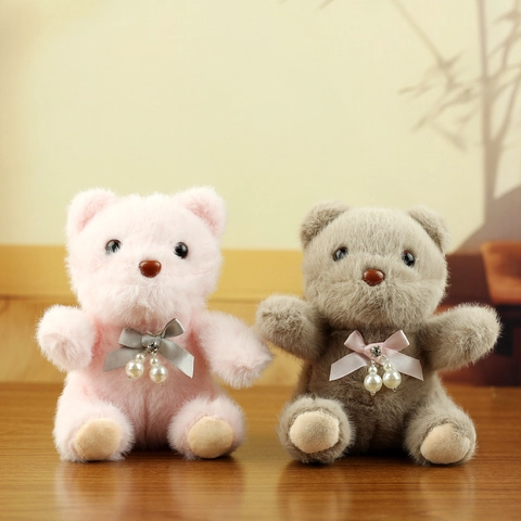 Cute Plush Teddy Bear Keychain With Satin Bow And Faux Artificial Pearl Soft Stuffed Animal Bag Pendant Doll Toy Key Ring Gift