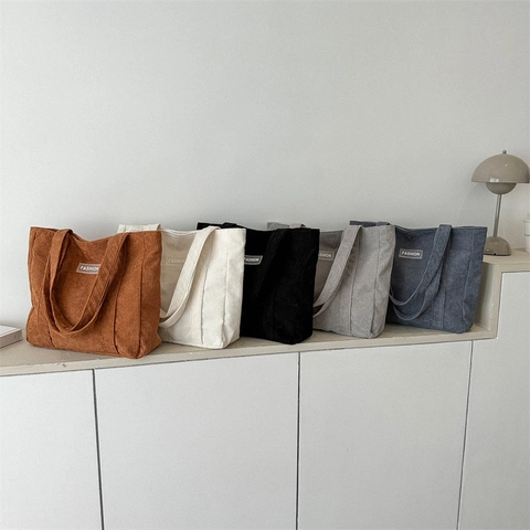 Borsa Tote da Donna in Velluto a Coste Grande Capacità Minimalista Casual a Tracolla Con Etichetta Moda per Uso Quotidiano