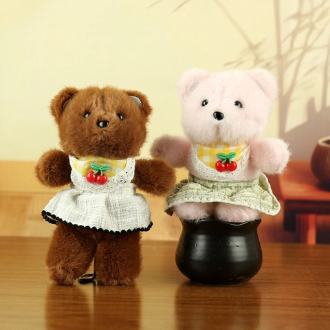 Süße Plüsch Teddybär Puppe Mit Kirschen Spitzenkleid Karo Schürze Weiches Stofftier Für Taschen Dekoration