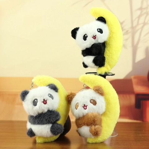 Mignon Porte-clés en Peluche Panda Lune Jouet en Peluche Pendentif de Sac à Dos Décoration de Sac Broderie Douce Porte-clés Animal Cadeau