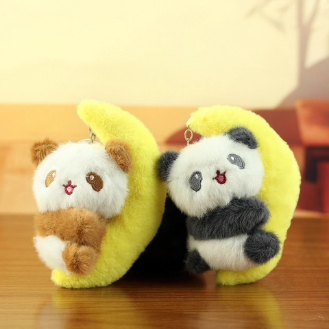 Mignon Porte-clés en Peluche Panda Lune Jouet en Peluche Pendentif de Sac à Dos Décoration de Sac Broderie Douce Porte-clés Animal Cadeau