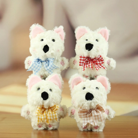 Süßer West Highland White Terrier Plüsch Hund Schlüsselanhänger Mit Karomuster Schleife Weiches Stofftier Welpen Spielzeug Tasche Accessoire