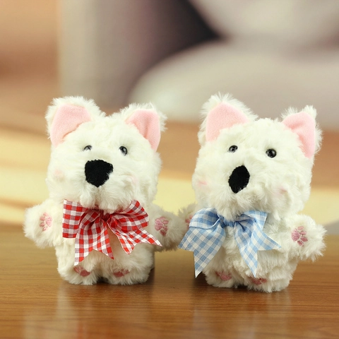 Süßer West Highland White Terrier Plüsch Hund Schlüsselanhänger Mit Karomuster Schleife Weiches Stofftier Welpen Spielzeug Tasche Accessoire