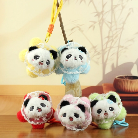 Niedlicher Plüsch Panda Kopf Schlüsselanhänger Mit Spitzen Blumen Dekoration Weich Cartoon Tier Tasche Charm Ornament Für Damen