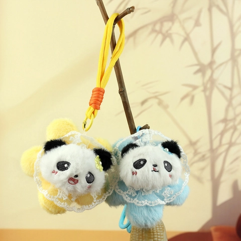Niedlicher Plüsch Panda Kopf Schlüsselanhänger Mit Spitzen Blumen Dekoration Weich Cartoon Tier Tasche Charm Ornament Für Damen
