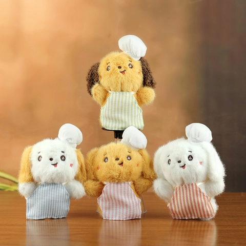 Portachiavi Cane Peluche Chef Carino Bambola Di Animale Morbido Con Cappello Da Cuoco E Grembiule A Righe Regalo