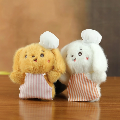 Portachiavi Cane Peluche Chef Carino Bambola Di Animale Morbido Con Cappello Da Cuoco E Grembiule A Righe Regalo