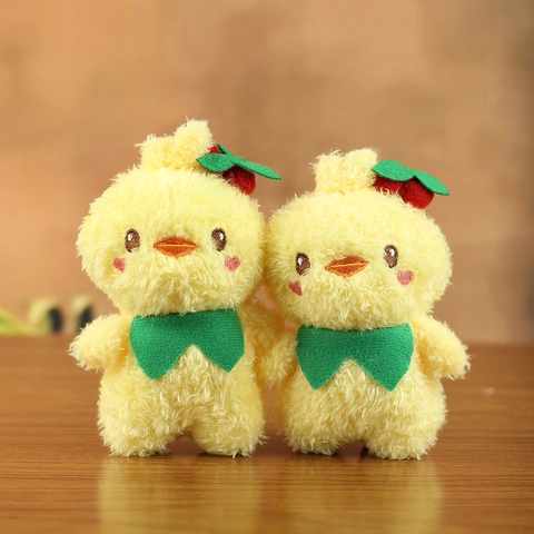 Cute Yellow Chick Plush Keychain Soft Stuffed Animal Toy With Green Bowknot And Cherry Decorative Bag Pendant For Kids Gift