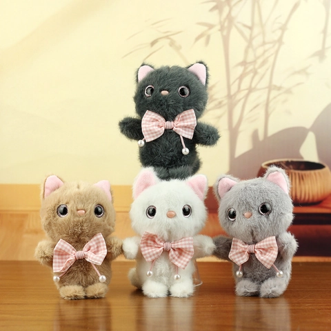 Lindo Llavero de Peluche de Gato Colgante para Mujer Muñeca de Animal Suave Con Lazo de Cuadros Perla Adorno de Bolso