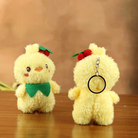 Cute Yellow Chick Plush Keychain Soft Stuffed Animal Toy With Green Bowknot And Cherry Decorative Bag Pendant For Kids Gift