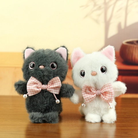 Lindo Llavero de Peluche de Gato Colgante para Mujer Muñeca de Animal Suave Con Lazo de Cuadros Perla Adorno de Bolso