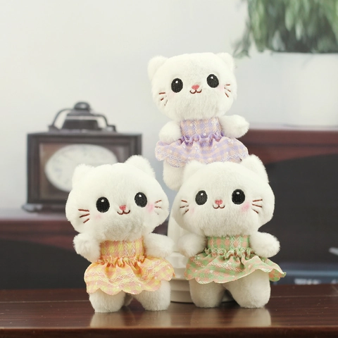Cute Cat Plush Toy Pendant Princess Style Stuffed Animal Doll With Plaid Lace Dress Cartoon Kitty Keychain Bag Ornament Birthday Gift