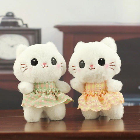 Cute Cat Plush Toy Pendant Princess Style Stuffed Animal Doll With Plaid Lace Dress Cartoon Kitty Keychain Bag Ornament Birthday Gift